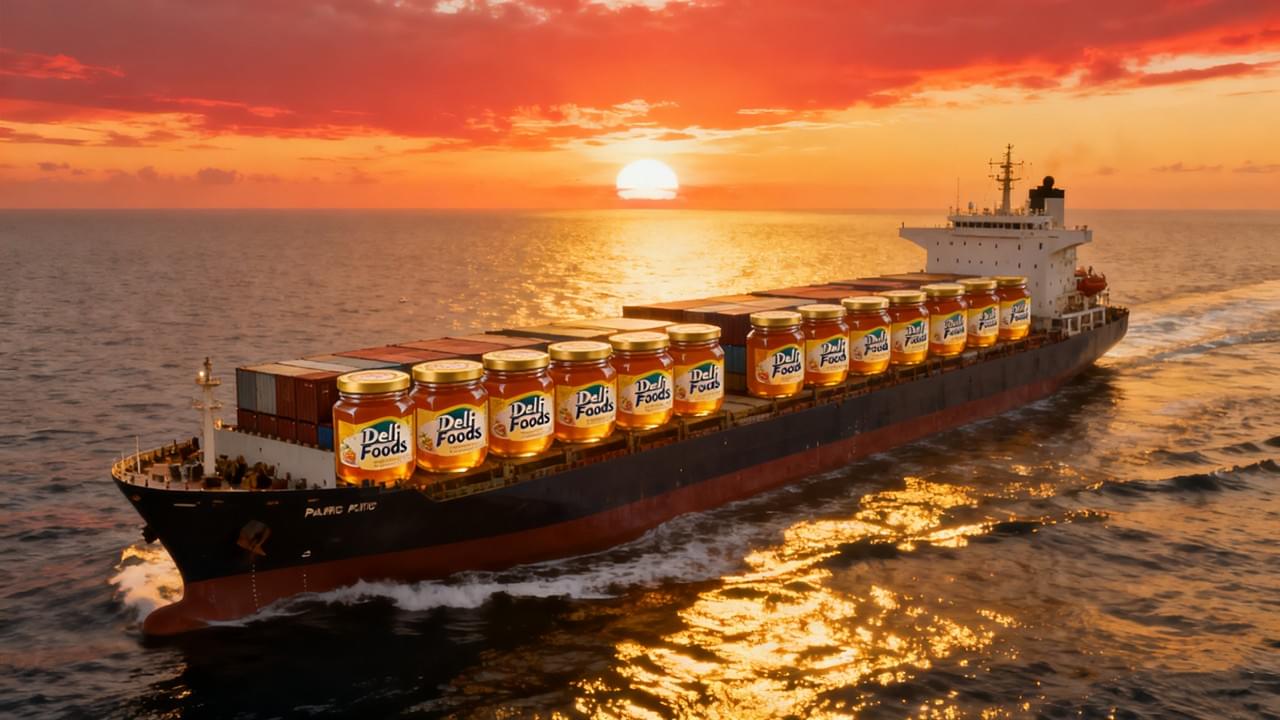 A large container ship carrying honey jars with a Deli Foods logo, sailing across the Pacific Ocean under a golden sunset, symbolizing global trade between China and Peru.Deli Foods honey export