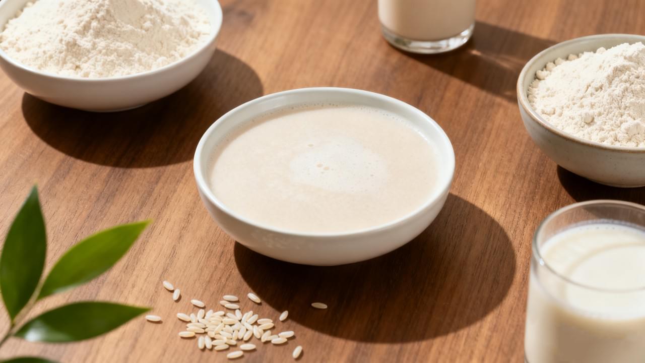 Rice protein powder and hemp seeds on a wooden table, representing sustainable plant-based protein sourcing.