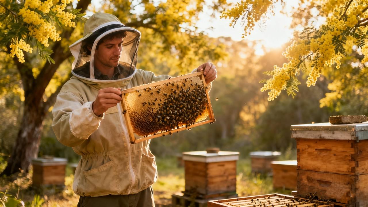 Sustainable sourcing of Acacia honey at Deli Foods—beekeeper practicing ethical honey procurement among Acacia trees under natural sunlight.