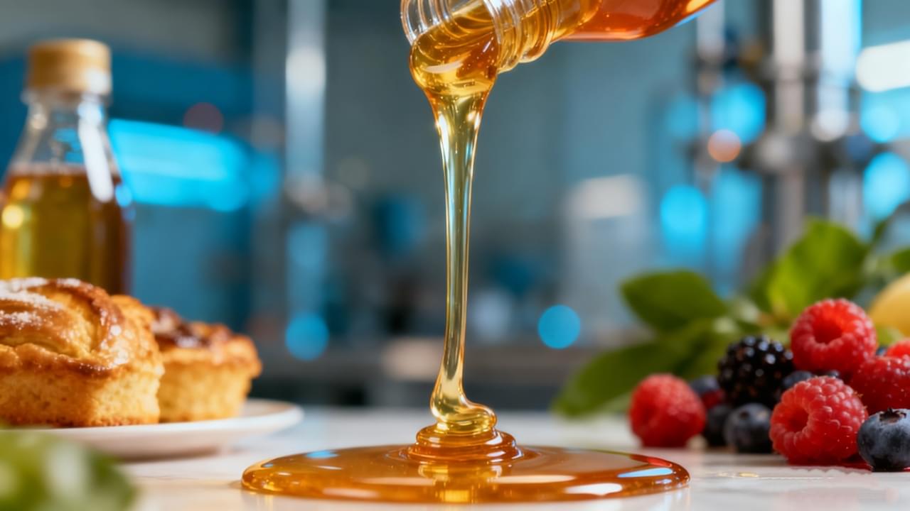 A visually appealing, modern cover image for a food industry article about "Fructose Syrup". The central focus is a stream of golden, translucent fructose syrup pouring or flowing gracefully from an unseen source. In the background, subtly blurred elements represent its versatile applications: a sleek beverage bottle, a golden-brown baked pastry, and fresh, vibrant fruits like berries. The overall color scheme is warm and inviting, featuring amber and golden tones for the syrup, with hints of cool blues and greens in the background elements, conveying both sweetness, natural origin, and industrial efficiency. High-quality, photorealistic, with a soft bokeh effect.