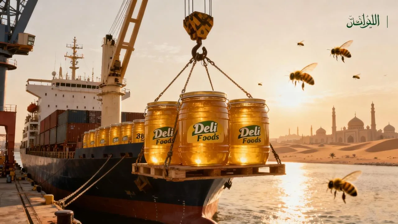 Deli Foods exporta miel natural a Arabia Saudita: envío de bidones de miel de 28 kg en el puerto.