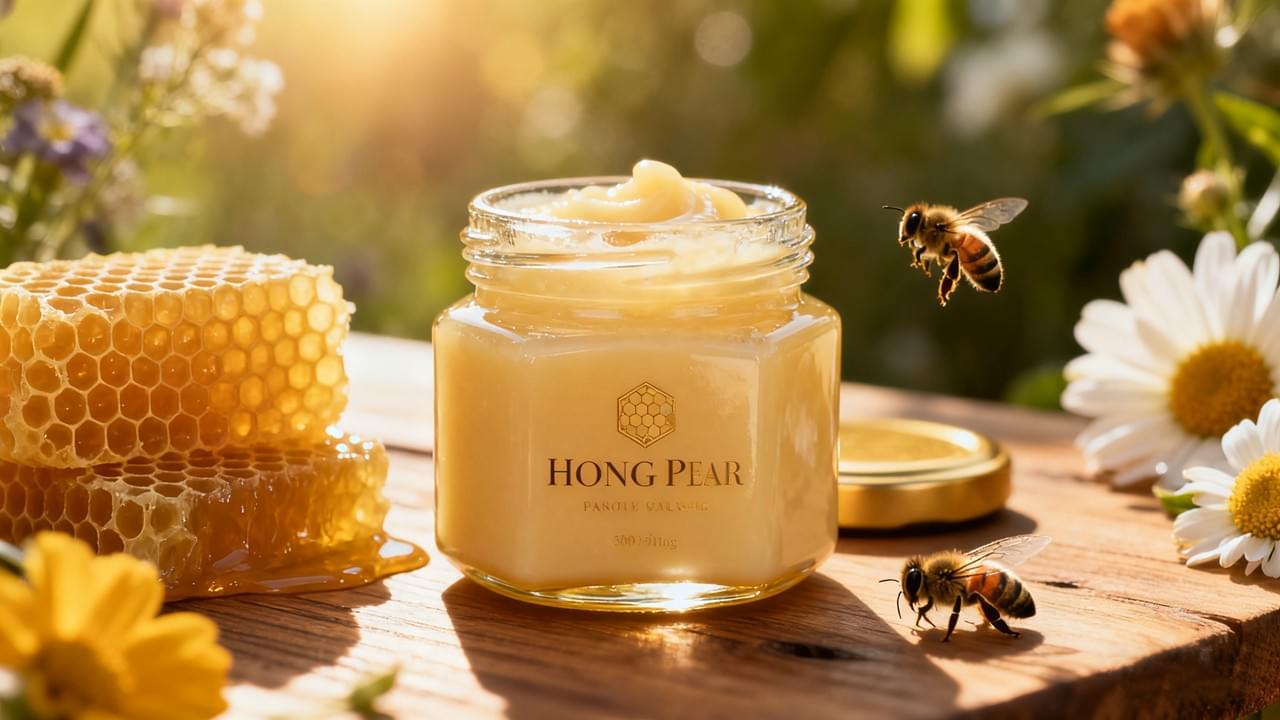 Premium royal jelly supplier product with honeycomb and flowers on wooden table