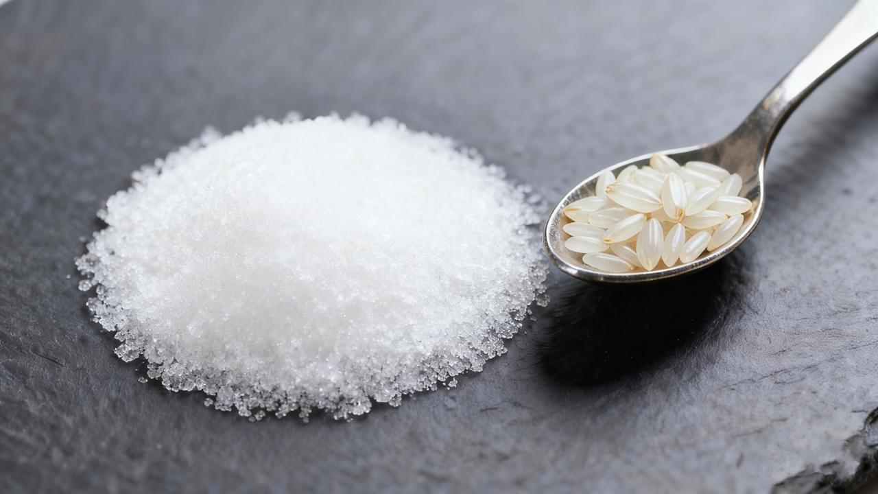 A close-up, high-key shot of glittering, white Rice Crystal Fructose (high-purity rice sugar) next to a small bowl of polished rice grains, symbolizing the natural origin of the innovative low-GI sweetener.