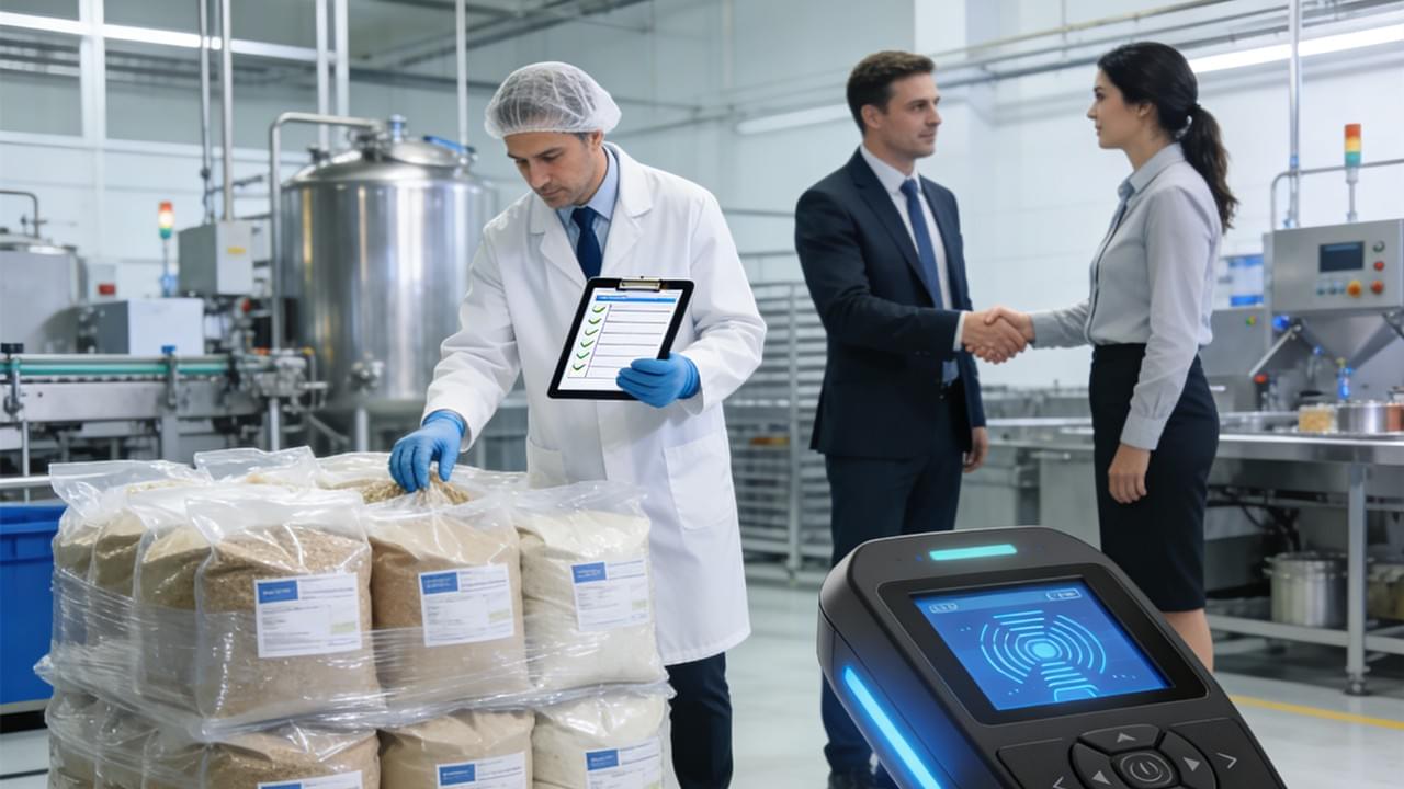 Professional auditor conducting a rigorous Food Ingredient Supplier Audit inside a B2B warehouse, shaking hands with a representative to confirm B2B food safety compliance and supply chain trust.