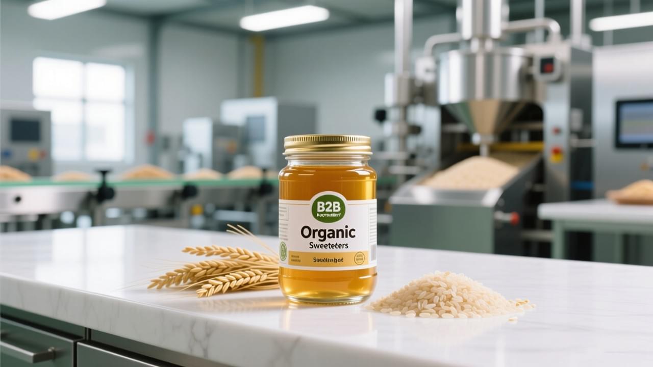 Clean label sweeteners made with organic syrup for food manufacturing, shown in a modern production environment