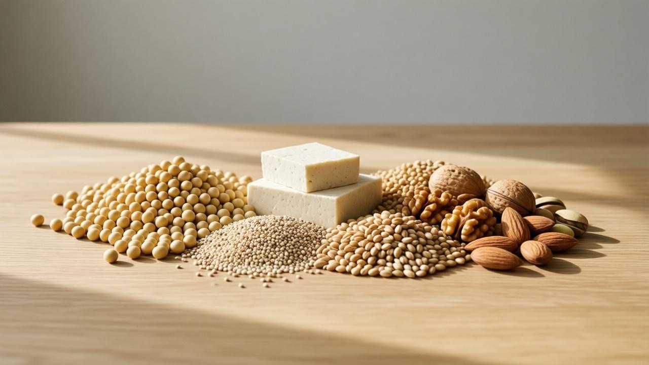 Plant protein benefits illustrated by soybeans, tofu, quinoa, and whole grains for global food manufacturers