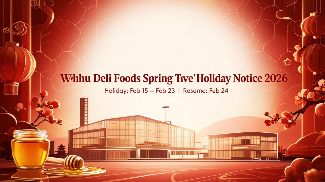Wuhu Deli Foods Spring Festival Holiday Notice 2026 banner with honey products and modern food factory Chinese New Year design