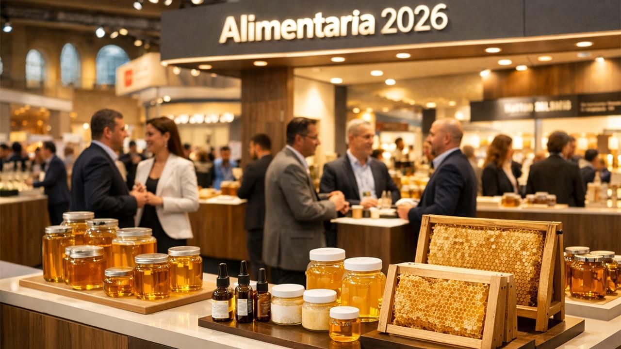 Alimentaria 2026 honey exhibition booth displaying premium bee products and natural honey varieties