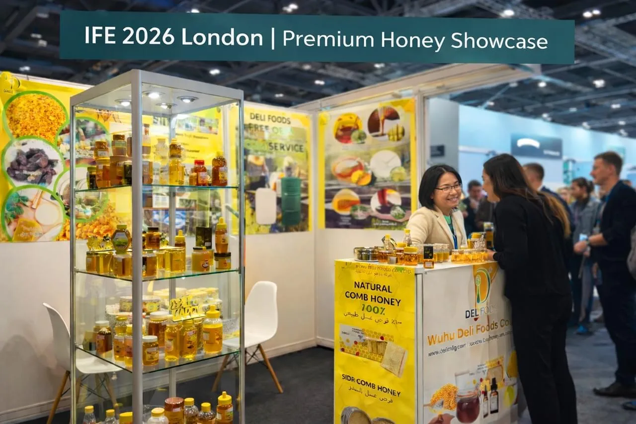 IFE 2026ロンドンの高級ハチミツ展示ブースでは、天然ハチミツ、蜂花粉、そしてグローバルな貿易パートナーシップが紹介されます。