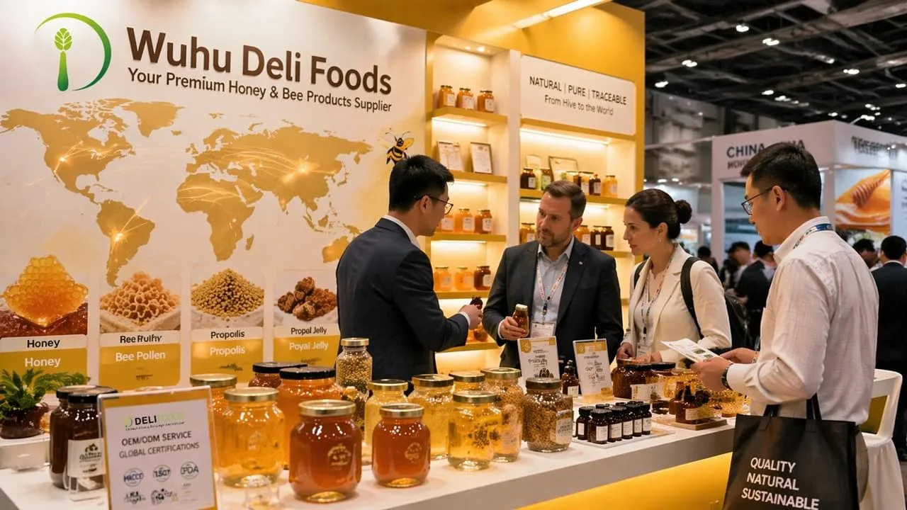 Exposição de um fornecedor de mel premium, apresentando potes de mel natural e produtos apícolas em uma feira internacional, destacando as oportunidades de fornecimento B2B da Wuhu Deli Foods.
