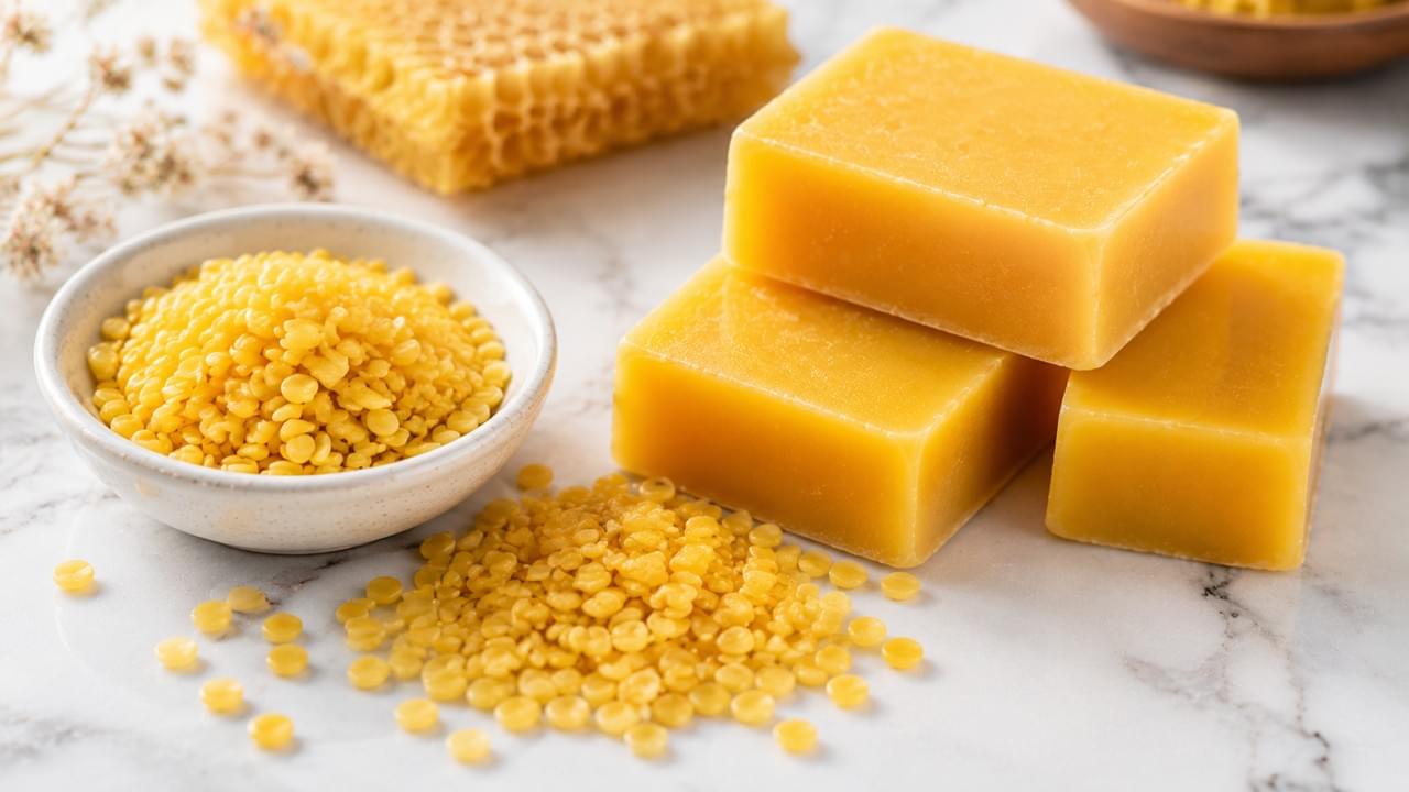 Blocos e grânulos de cera de abelha de qualidade alimentar, ingrediente para revestimento cosmético de alimentos.