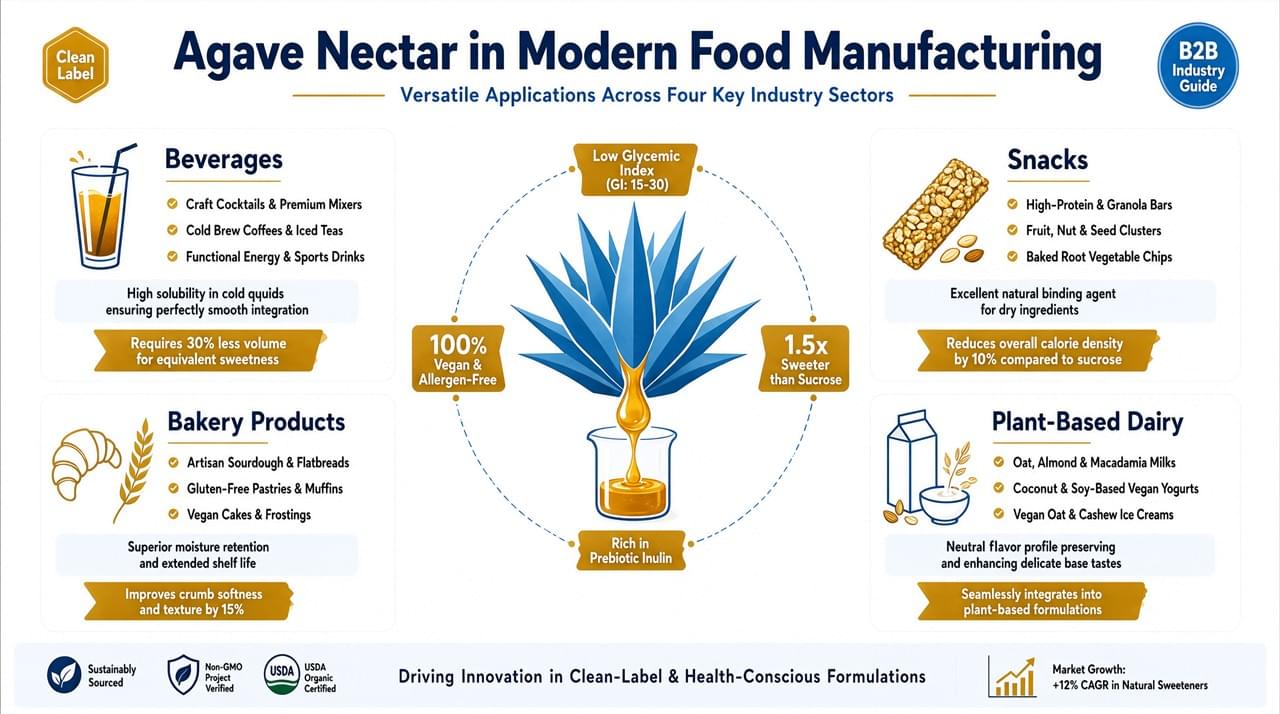 Agave nectar applications in beverage bakery and food manufacturing