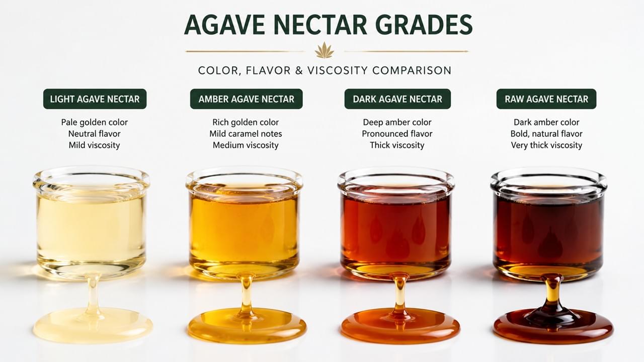 Agave nectar grades comparison showing color and processing differences