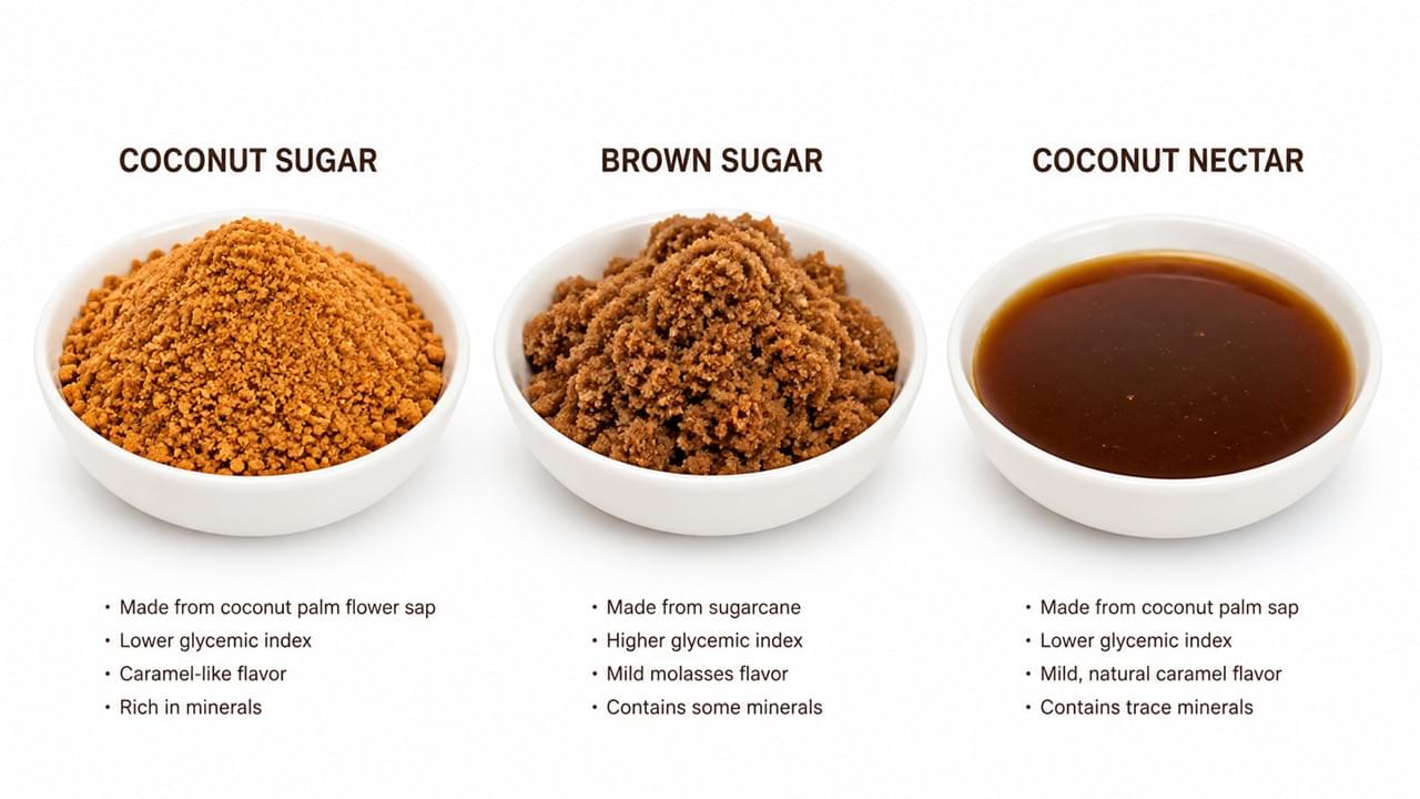 Coconut sugar vs brown sugar vs coconut nectar comparison natural sweetener B2B