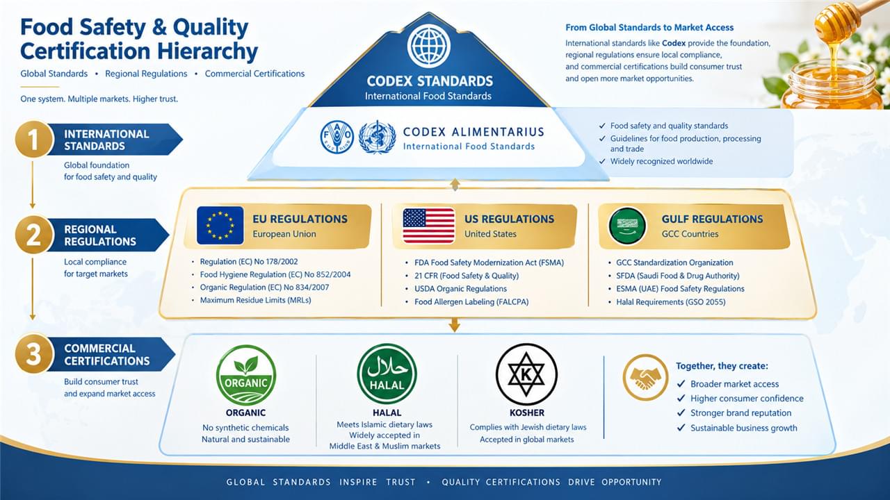 Food quality certification hierarchy Codex EU USDA HALAL organic framework