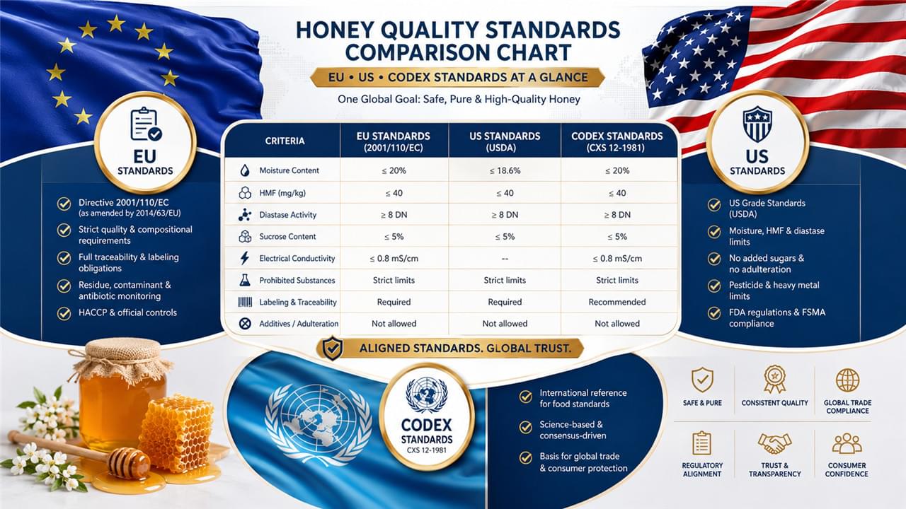 Honey import standards decoded: how Codex, EU, and USDA differ on moisture, HMF, labeling, and pesticide limits — and a strategy that satisfies all three.